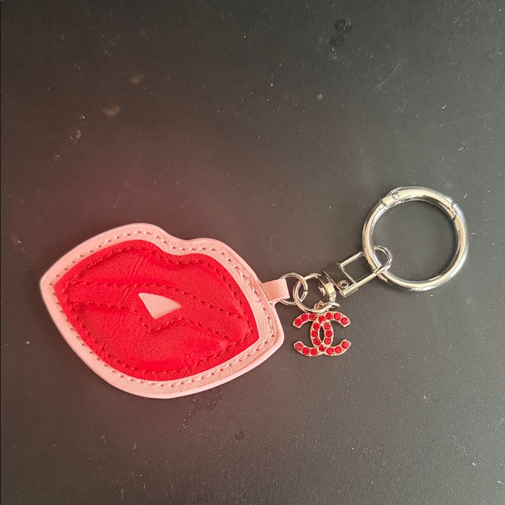Upcycled Red Lip Keychain with CC stamped‎ Logo Charm